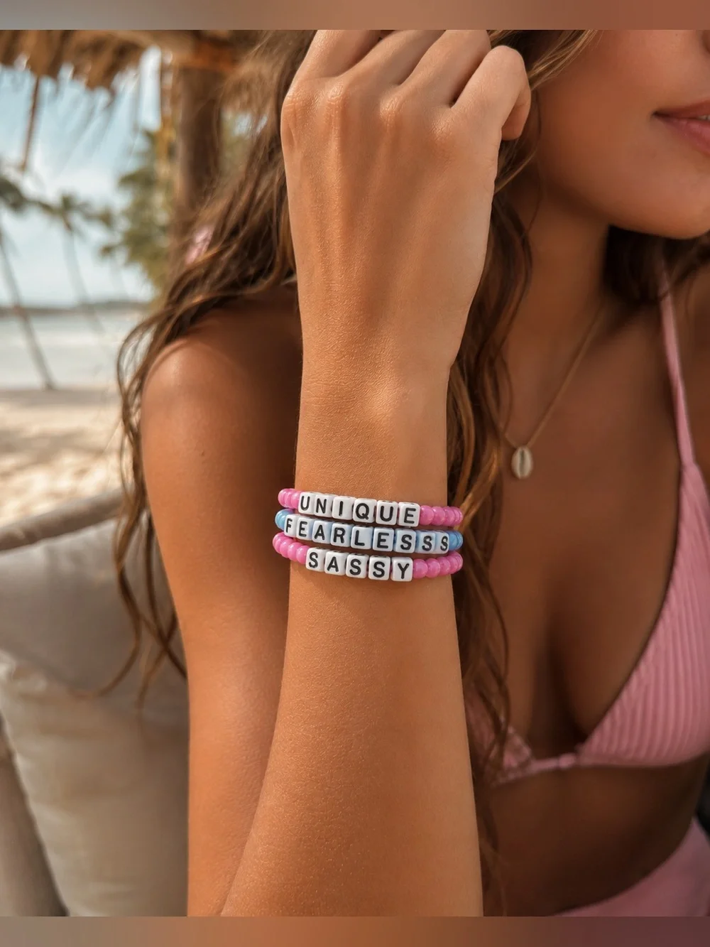 NWOT Unique, Fearless, Sassy Beaded Bracelet- Blue & Pink